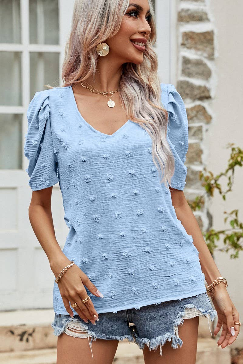 CWTBLS0358_V-Neck Short Puff Sleeve Blouse