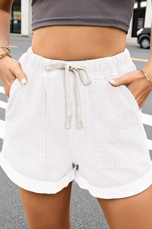 CWJS00039_ELASTIC WAIST CASUAL ROLLED-UP DENIM SHORTS