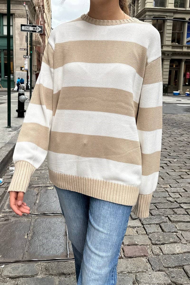 CWOSWL5737_CREW NECK LONG SLEEVE STRIPED KNIT SWEATER