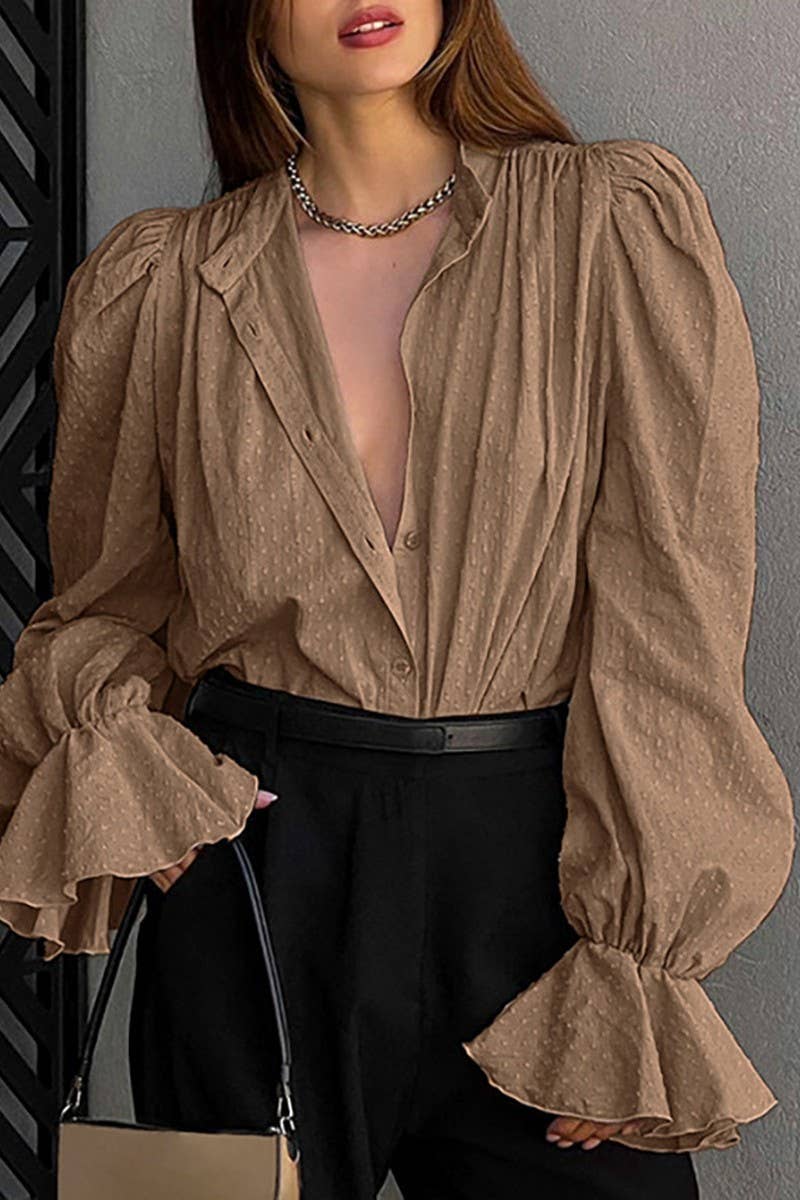 CWTSTL2591_SOLID JACQUARD BUTTON PUFF SLEEVE SHIRT