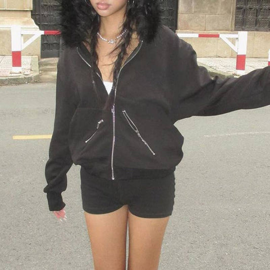 Dark wind big hair collar hooded loose coat