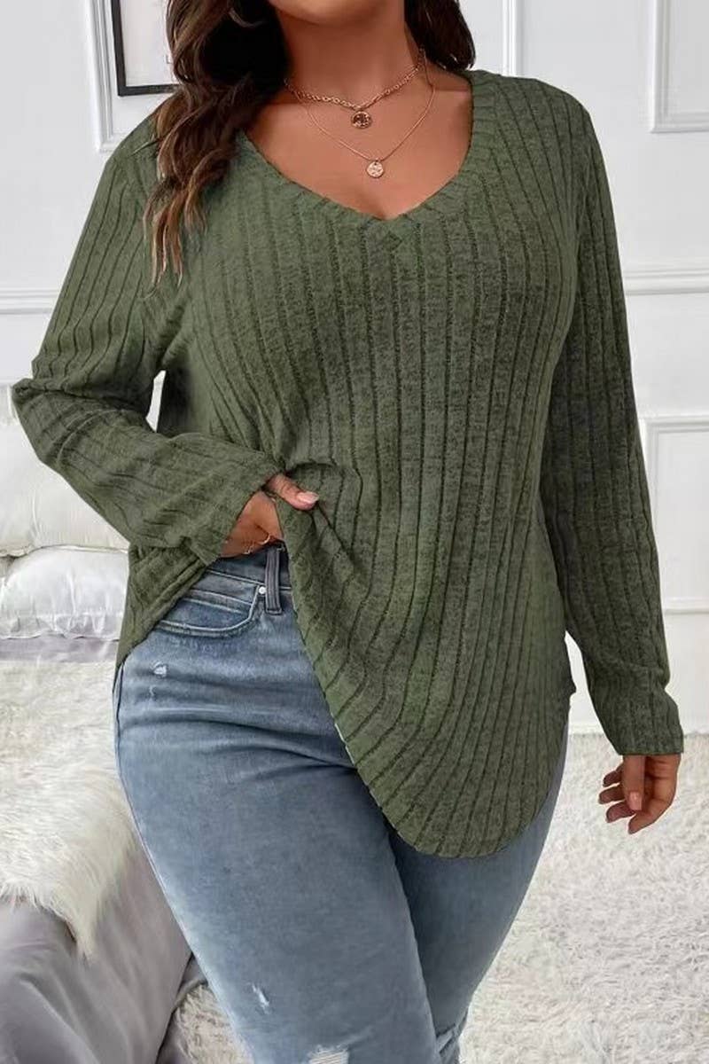 CWTTL1961_SPRING AND AUTUMN V-NECK LARGE SIZE RIBBED TOP