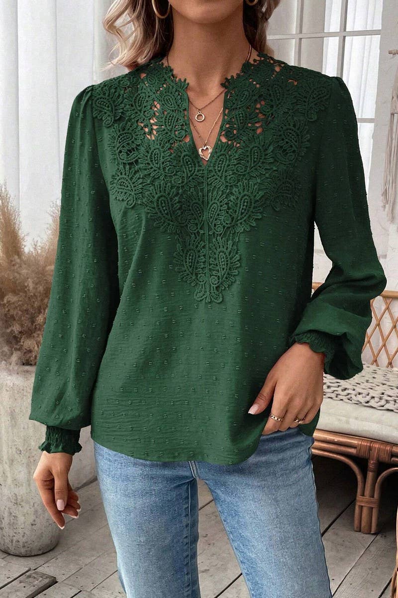 CWTTL2006_V-NECK LACE SOLID COLOR LONG-SLEEVED CASUAL TOP