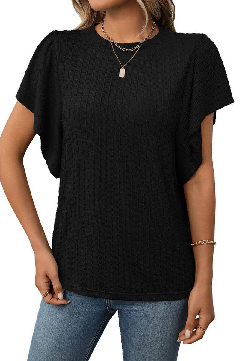 CWTBLS1718_SOLID COLOR ROUND NECK RUFFLE SLEEVE TOP