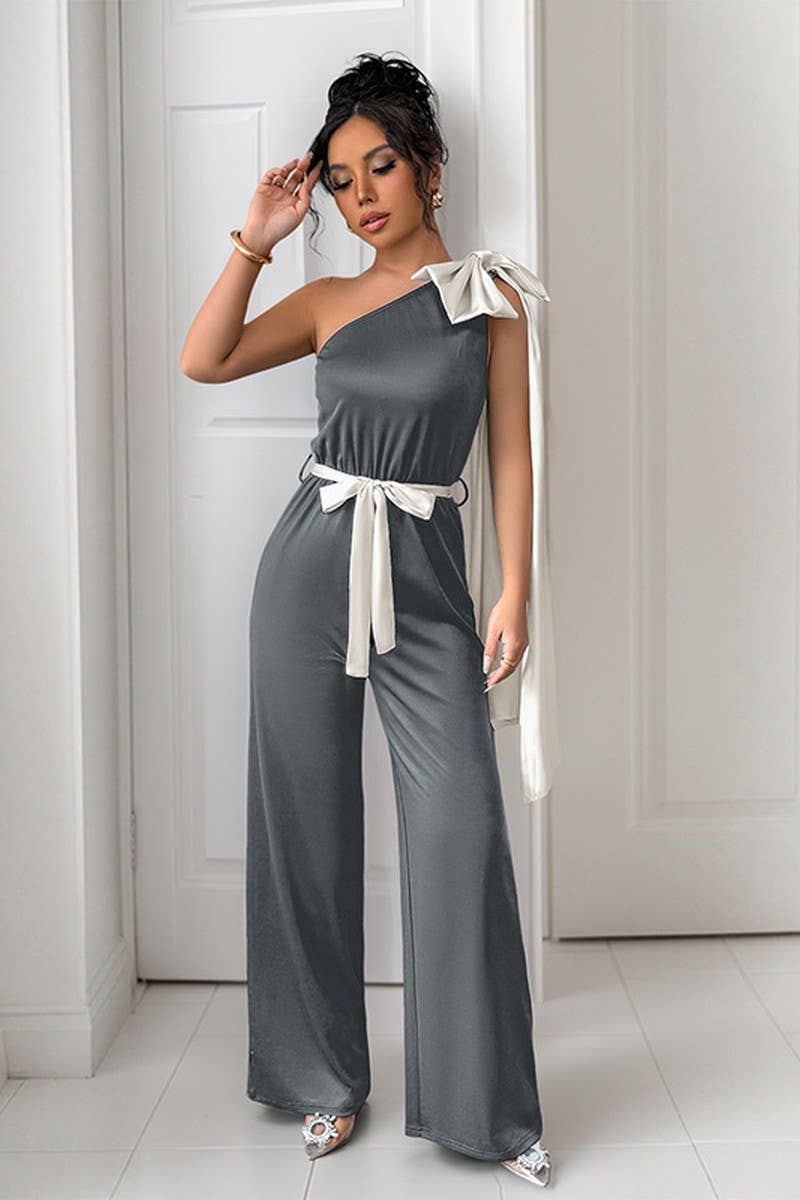 CWSJS1685_BLACK AND WHITE ONE SHOULDER BOW JUMPSUIT