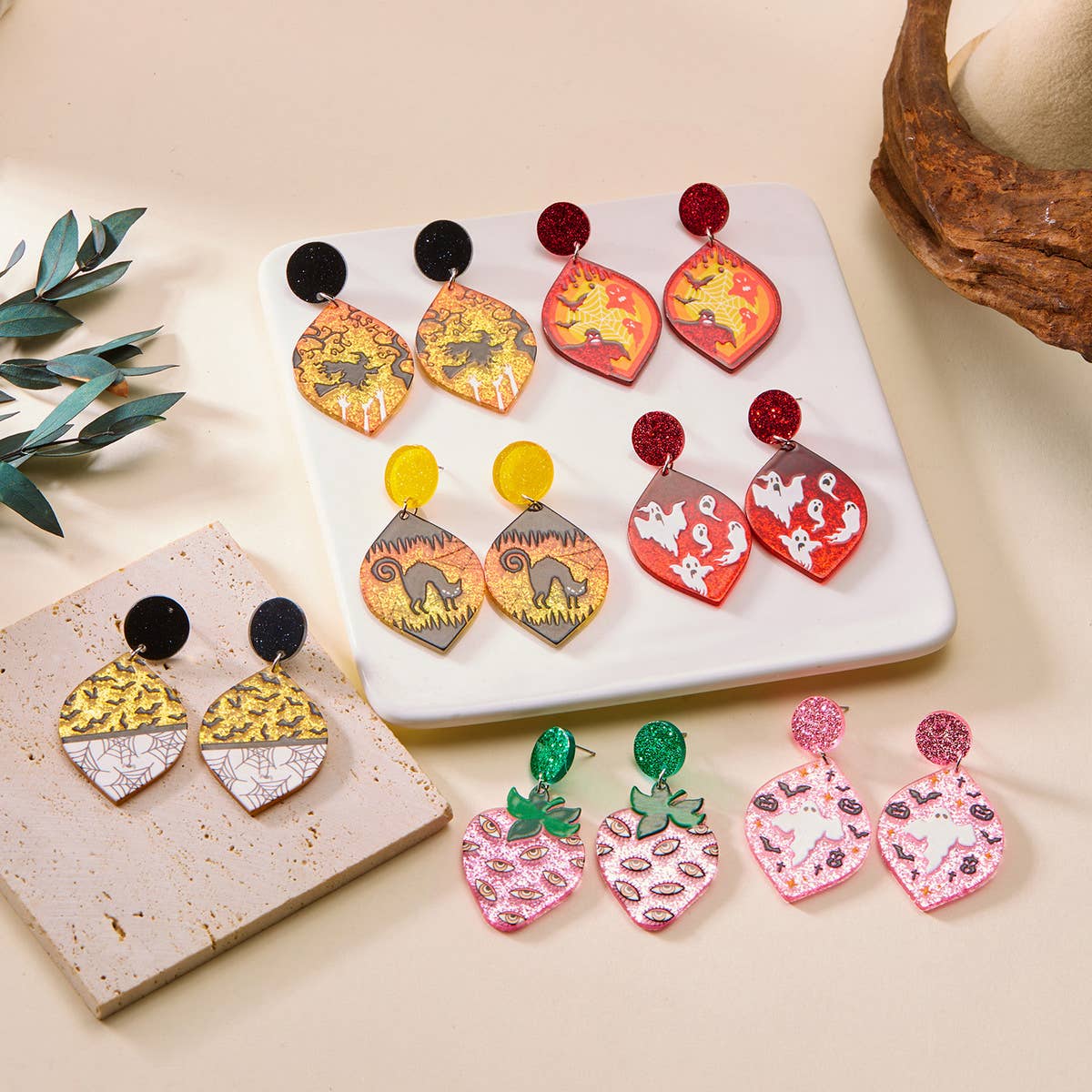 HALLOWEEN FUNNY PUMPKIN BAT LEAF EARRINGS