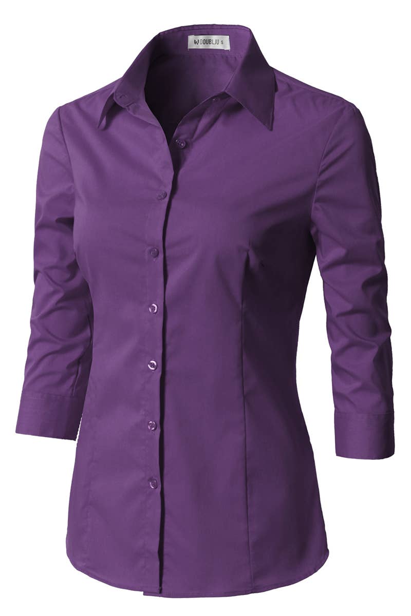 CWTSTS116_Basic Slim Fit Simple 3/4 Sleeve Button Down Shirt