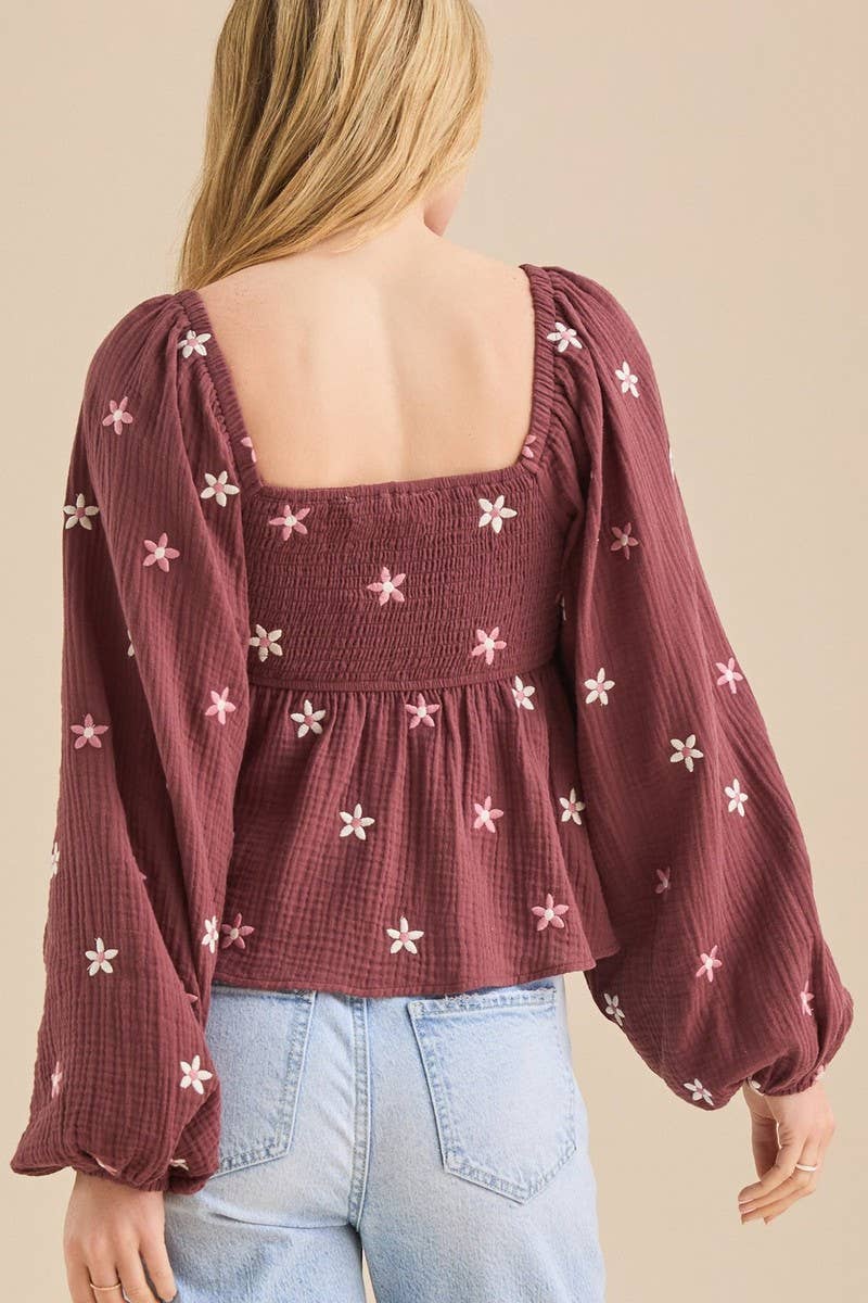 CWTBLL3953_LOOSE LANTERN SLEEVE SQUARE NECK EMBROIDERED TOP