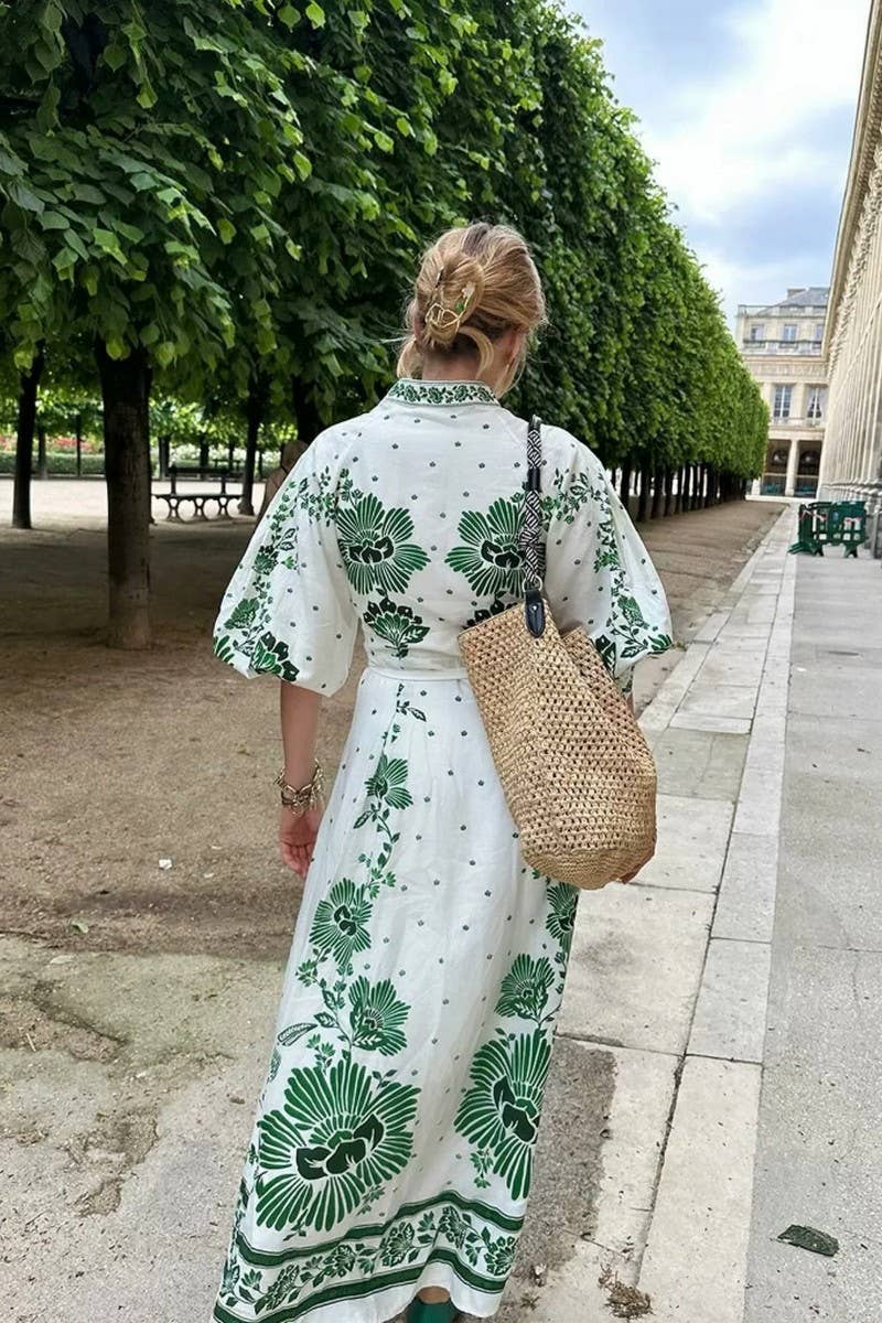 CWDMD4143_V-NECK LANTERN SLEEVE PRINTED LONG DRESS