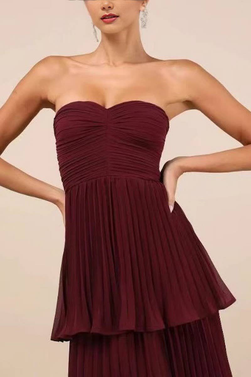 CWDTD0483_PLEATED BEACH STRAPLESS TIERED CAKE DRESS