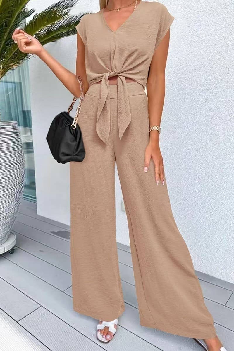 CWSS1217_V-NECK TIE CROP TOP HIGH WAIST SLIM WIDE LEG PANTS