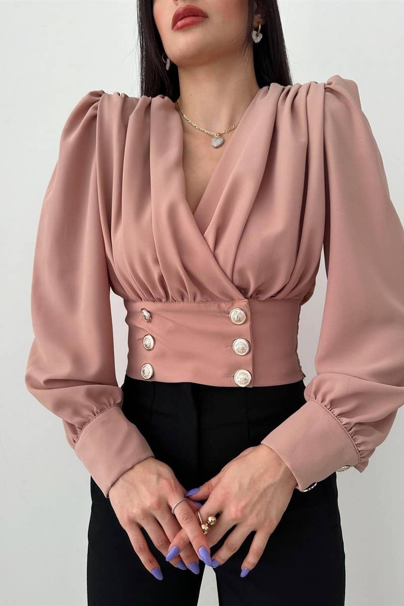 CWTBLL3693_V-NECK SEXY WAIST PUFF SLEEVE SOLID COLOR SHIRT