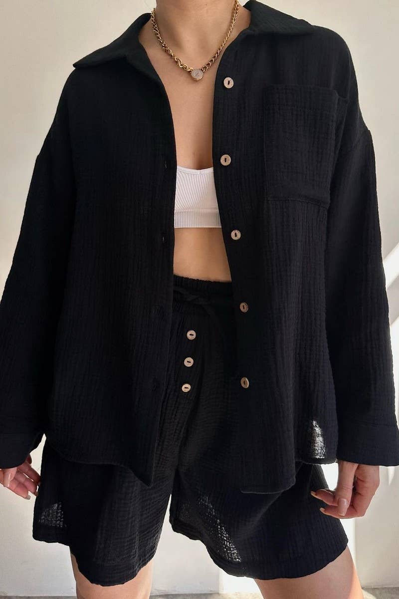 CWSTB1358_LAPEL SHIRT DRAWSTRING SHORTS TWO-PIECE SET