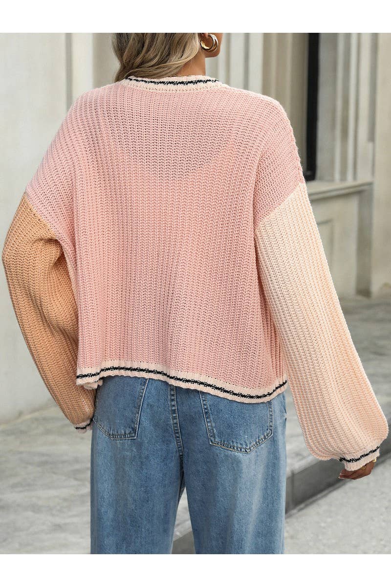 CWOSWL2462_Color Matching Long Sleeved Knit Sweater Cardigan