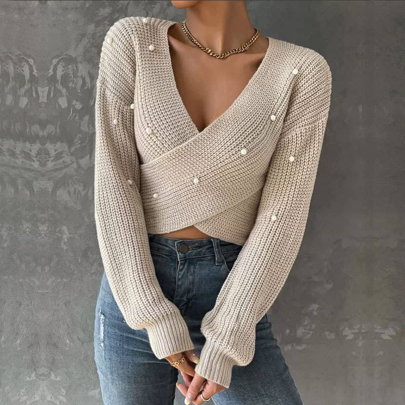 Beaded one-shoulder slimming knitted sweater