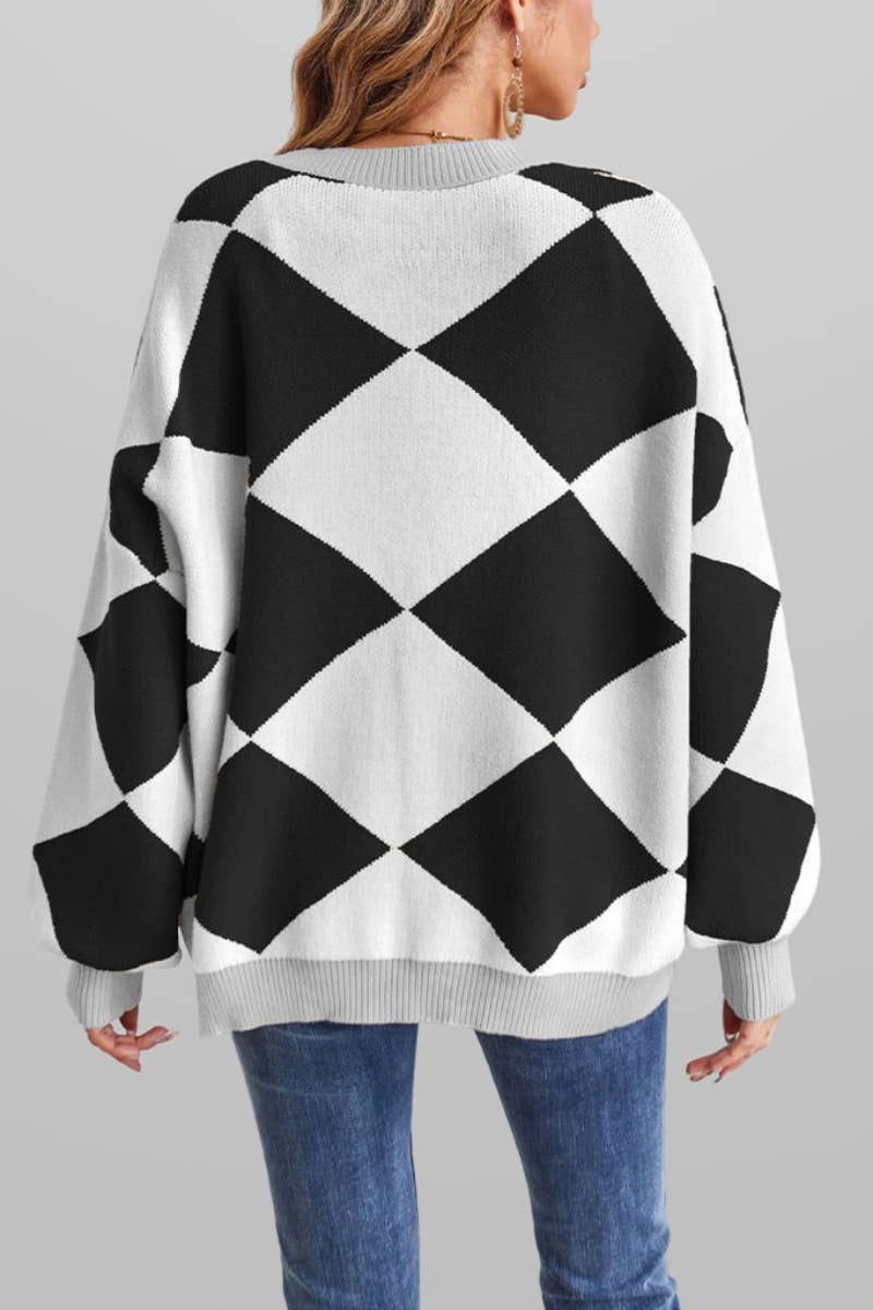 CWOCAL1814_V-NECK LOZENGE LONG SLEEVE CARDIGAN