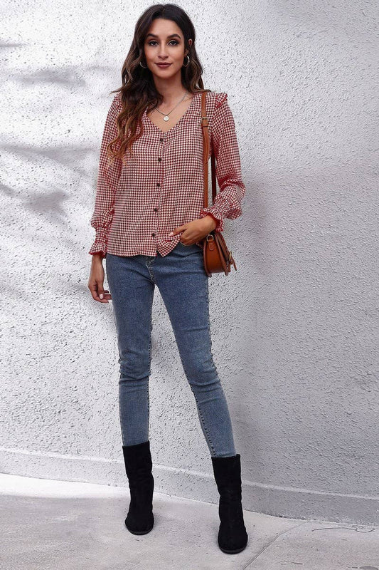 CWTTL1394_V-Neck Casual Long Sleeve Print Top