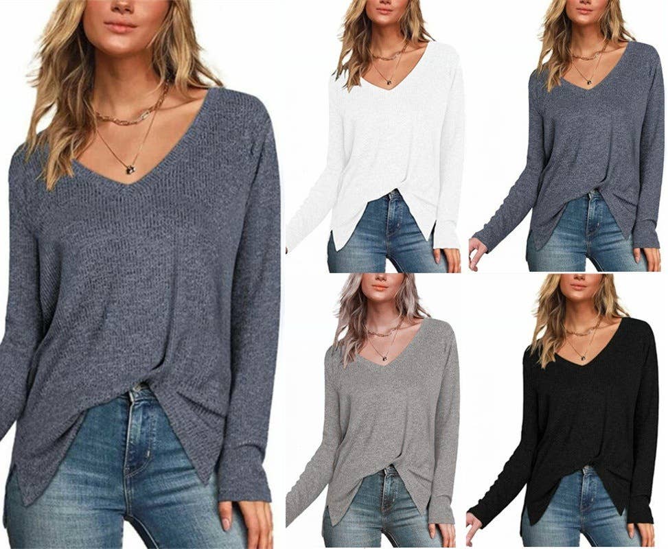 CWTTL1202_V-neck Long Sleeved With Side Slit Knit Top