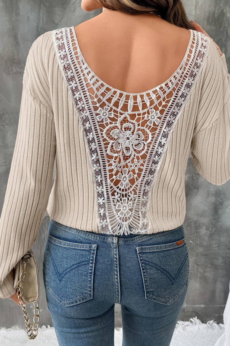CWTBLL00769_LACE BACK LONG SLEEVE KNIT CASUAL PULLOVER TOP