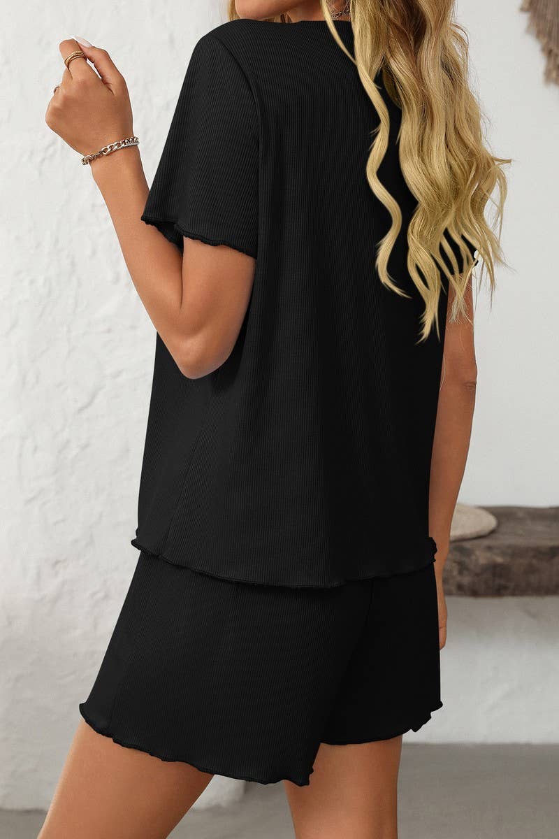 CWSPJ0229_SOLID COLOR STRIPED SHORT SLEEVE HOME WEAR SET