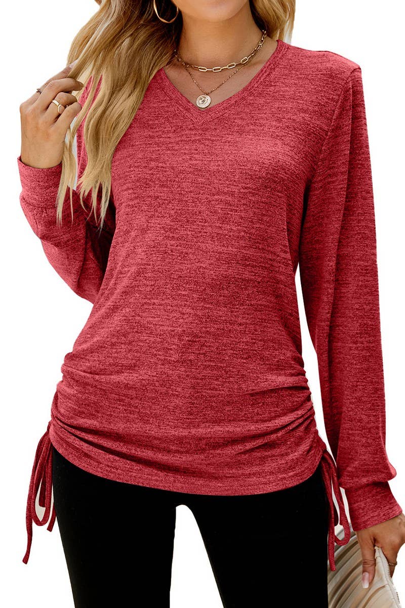 CWTBLL2405_SOLID COLOR LONG SLEEVE V-NECK PLEATED LOOSE TOP
