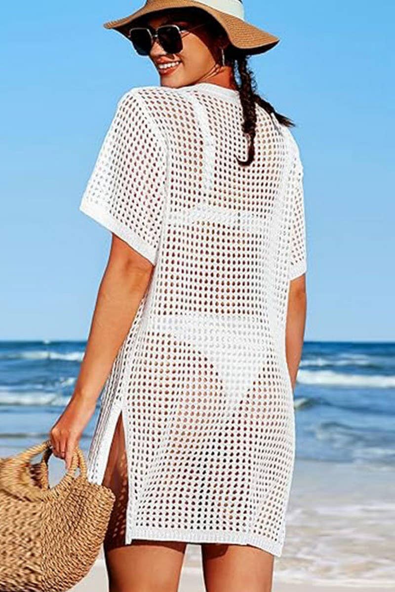 CWTBLS1641_HOLIDAY HOLLOW KNIT SHORT SLEEVE BEACH COVER UP