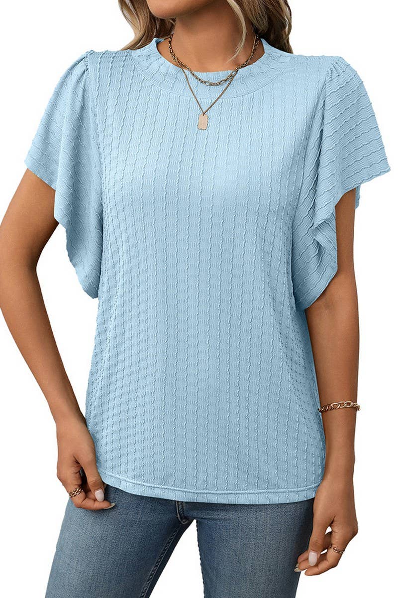 CWTBLS1718_SOLID COLOR ROUND NECK RUFFLE SLEEVE TOP