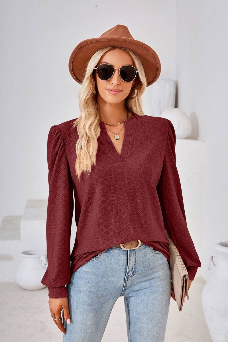 CWTBLL2374_SOLID COLOR V-NECK JACQUARD LONG-SLEEVED TOP