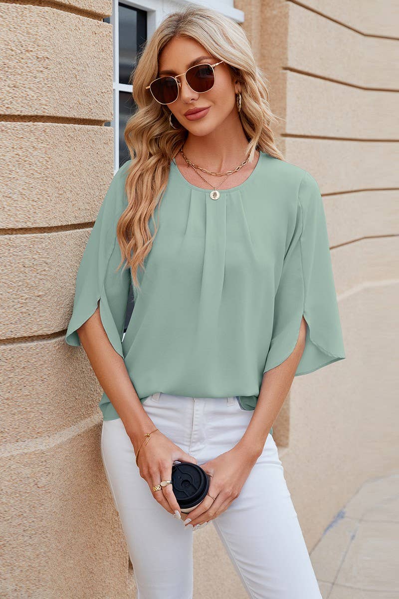 CWTBLS0434_Round Neck Short Sleeve Blouse