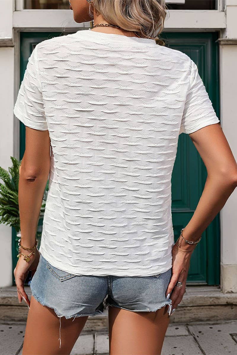 CWTBLS0964_SOLID COLOR CASUAL TEXTURED TOP