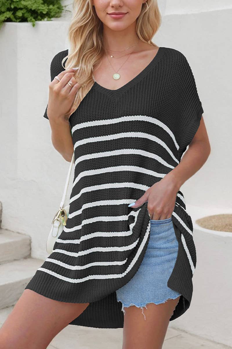 CWTTS1289_NEW STRIPED COLORBLOCK LOOSE V-NECK SWEATER