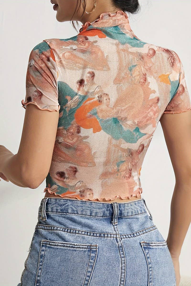 CWTBLS1534_MESH PRINTED RUFFLED SHORT SLEEVE T-SHIRT TOP