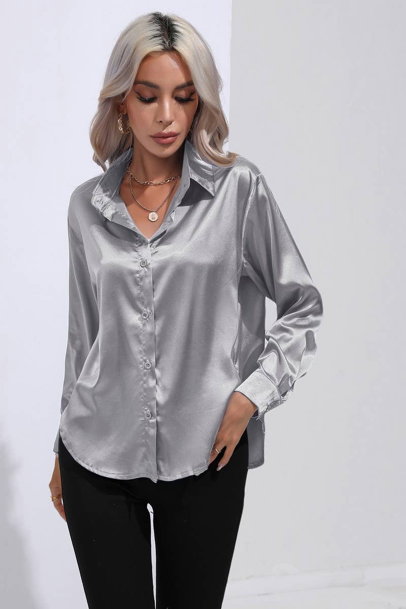 CWTBLL0690_Button Down Silky Satin Long Sleeve Top