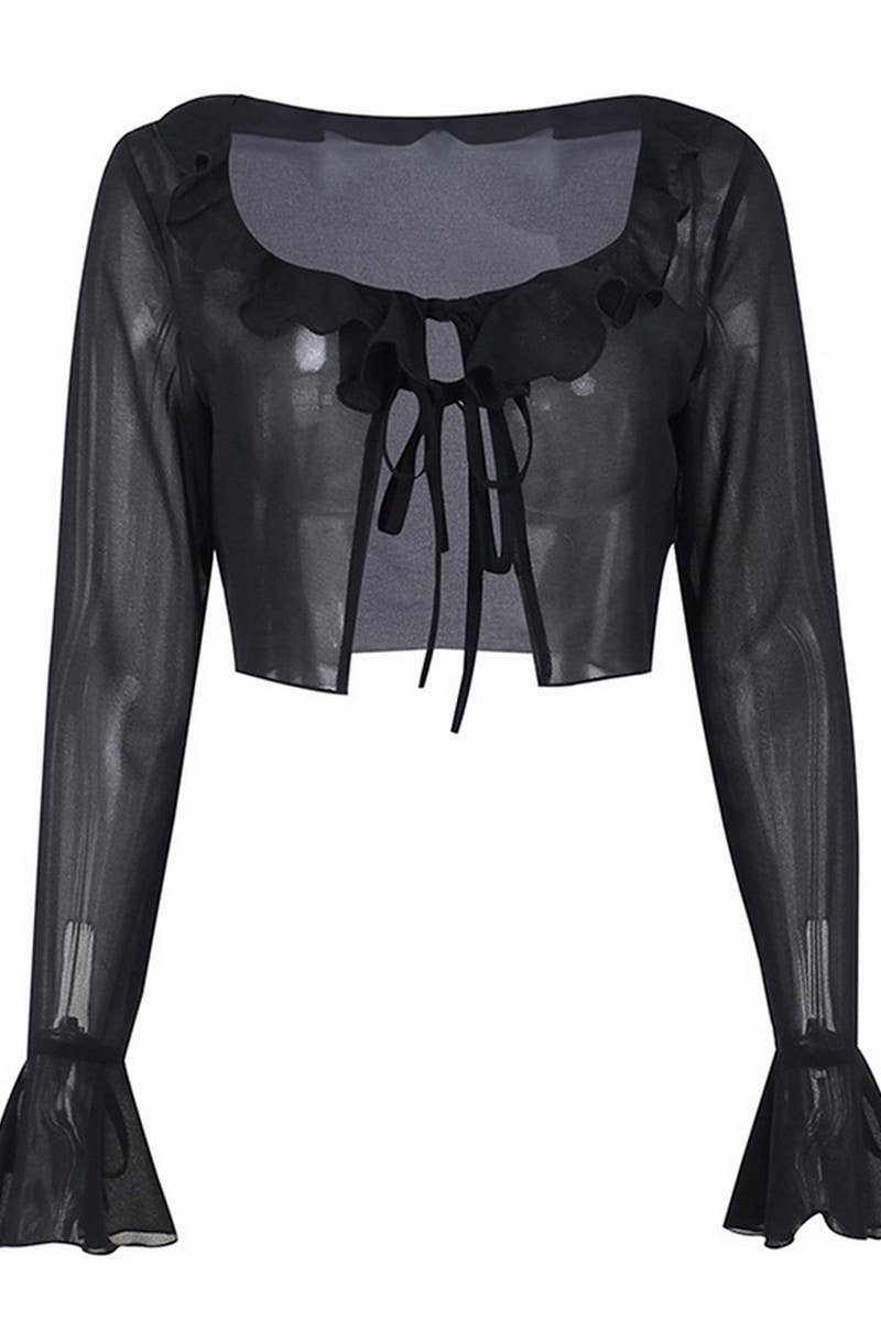 CWSTB2043_CHIFFON LONG SLEEVE TOP & PLEATED SKIRT SET