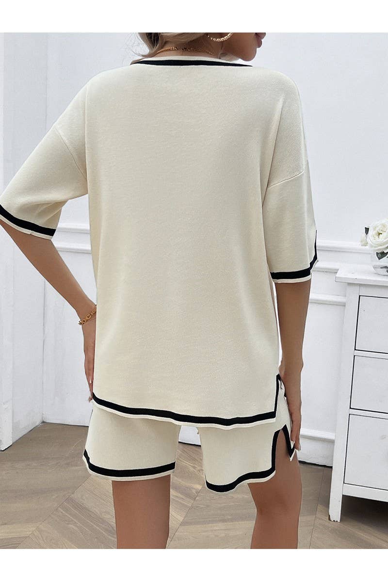 CWSTB0665_CASUAL LOOSE V-NECK SHORT SLEEVED SHORTS KNIT SET
