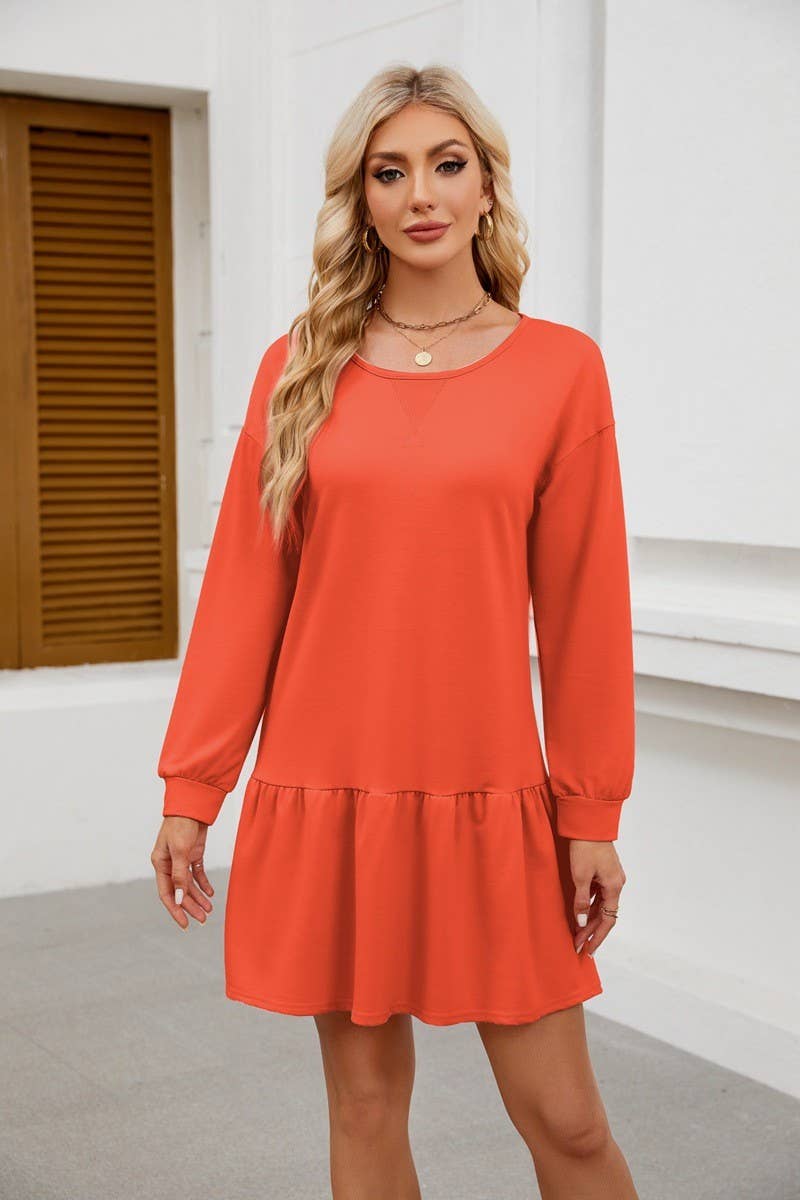 CWDSD8805_ROUND NECK LONG SLEEVE CASUAL DRESS