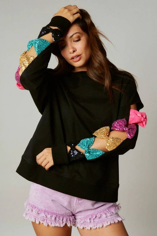 CWTBLL01279_BOW SEQUIN CASUAL LONG SLEEVE SWEATSHIRT