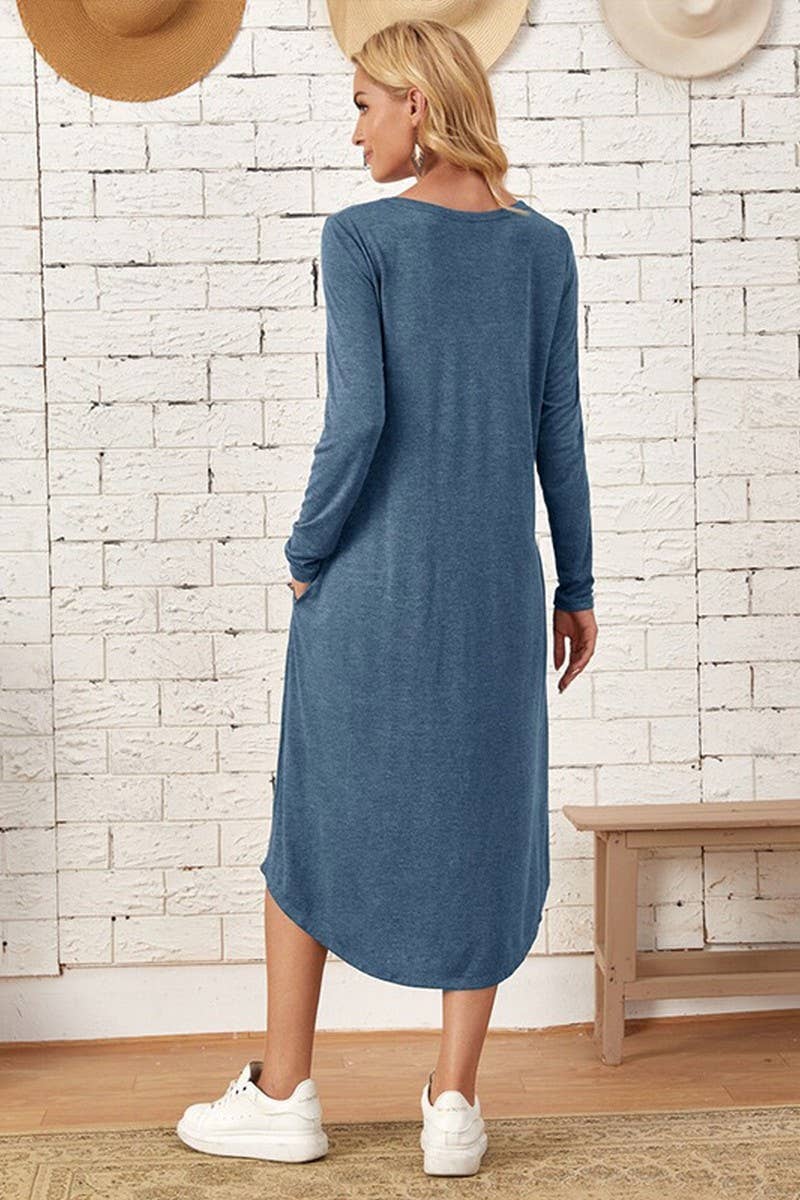 CWDMD3948_SOLID COLOR CASUAL LONG SLEEVE LONG DRESS