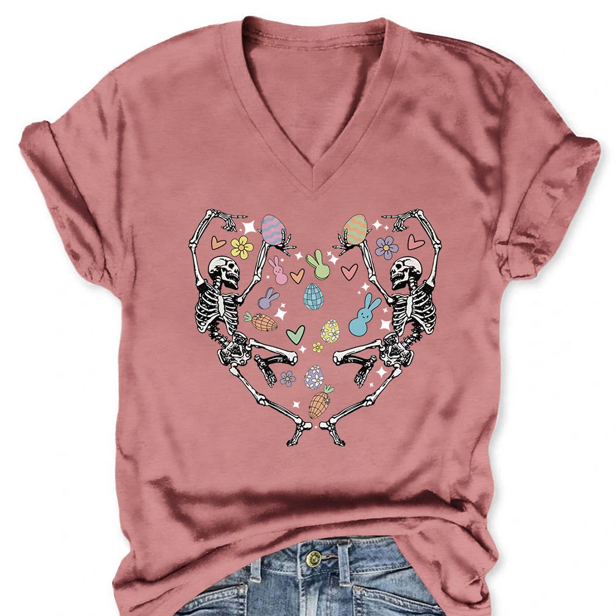 EASTER FUN PRINTED SKULL PERSONALITY VNECK TEES_CWTTS0868