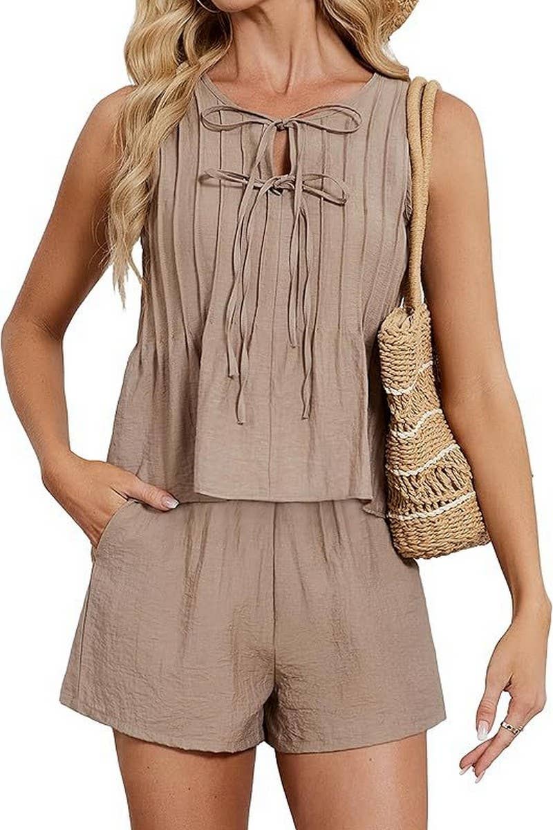 CWSS01310_SUMMER BEACH PLEATED RESORT WEAR TWO-PIECE SUIT