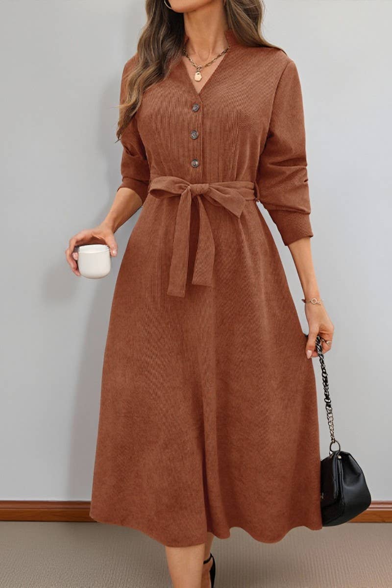 CWDMD01047_BROWN CORDUROY V-NECK LACE-UP COMMUTER DRESS
