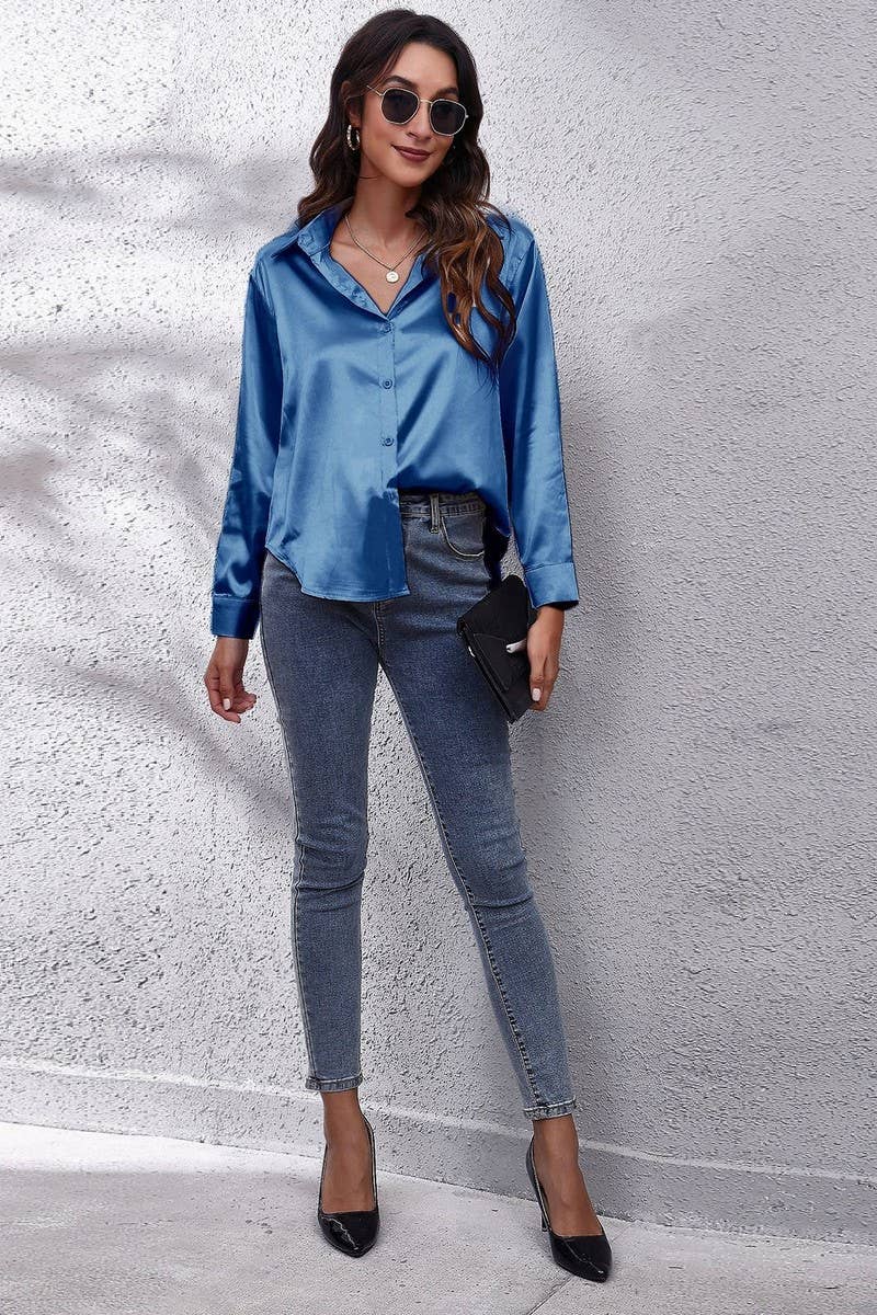 CWTBLL0691_Button Down Silky Satin Long Sleeve Top