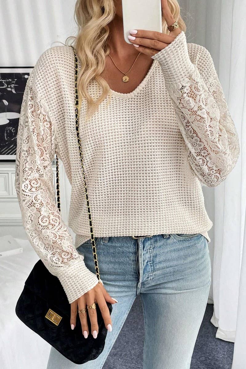 CWTBLL3533_SOLID V-NECK LACE PANEL LONG SLEEVE T-SHIRT TOP