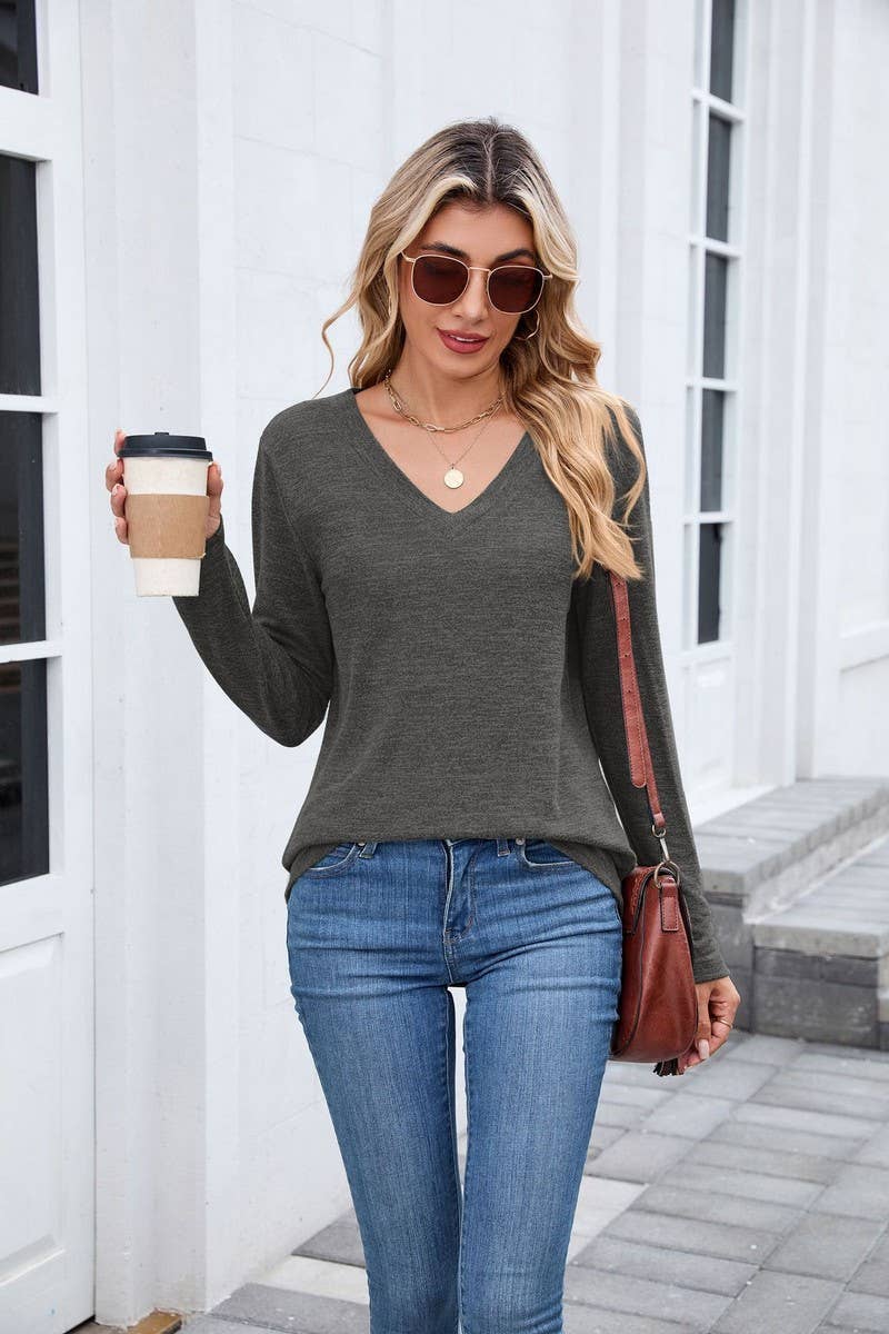 CWTBLL01302_V NECK LOOSE FIT LONG SLEEVE CASUAL TEE