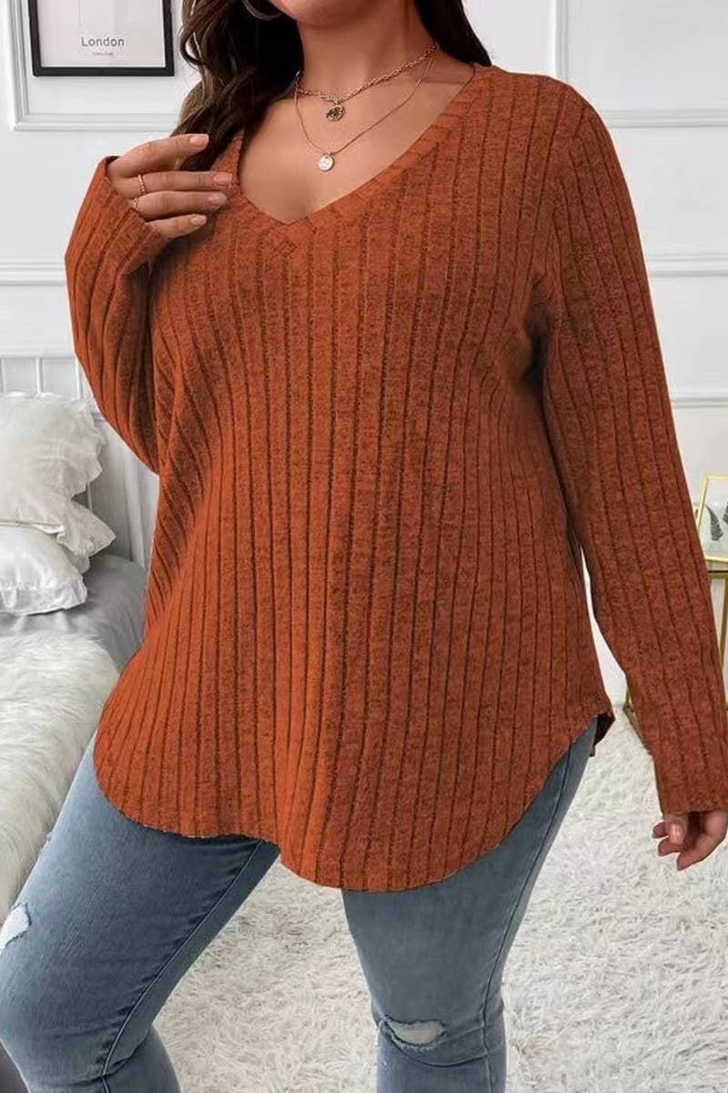 CWTTL1961_SPRING AND AUTUMN V-NECK LARGE SIZE RIBBED TOP
