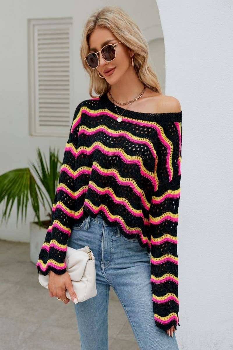 CWOSWL603 Flare Sleeved Round neck Hollowed Out Sweater