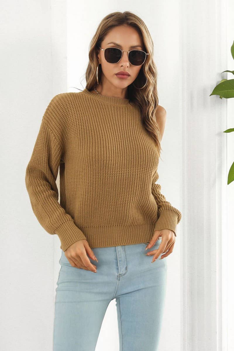 CWOSWL4073_OFF-THE-SHOULDER HOLLOW LONG-SLEEVED SWEATER