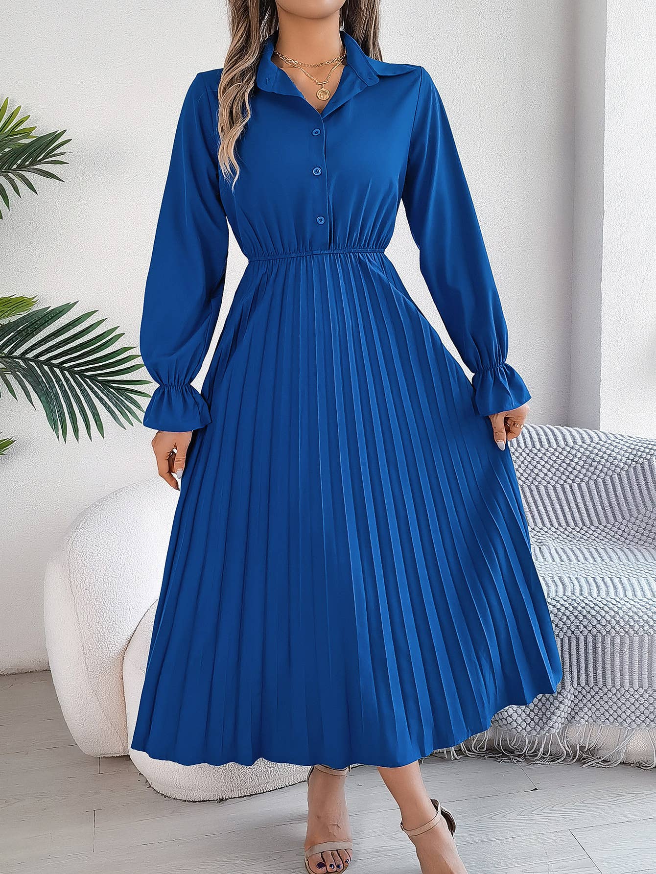 CASUAL LAPEL BUTTON WAIST PLEATED LONG DRESS
