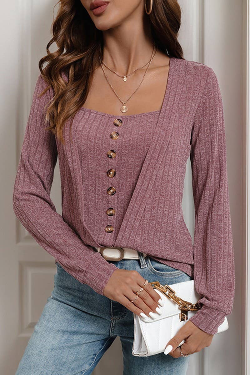 CWTBLL2310_SQUARE COLLAR LONG SLEEVE STRIPED PULLOVER TOP