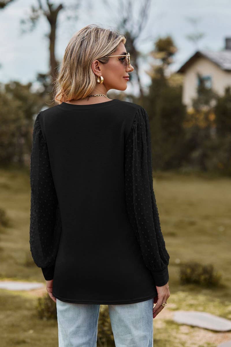 CWTBLL1047_LONG-SLEEVED V-NECK MESH PATCHWORK LOOSE TOP